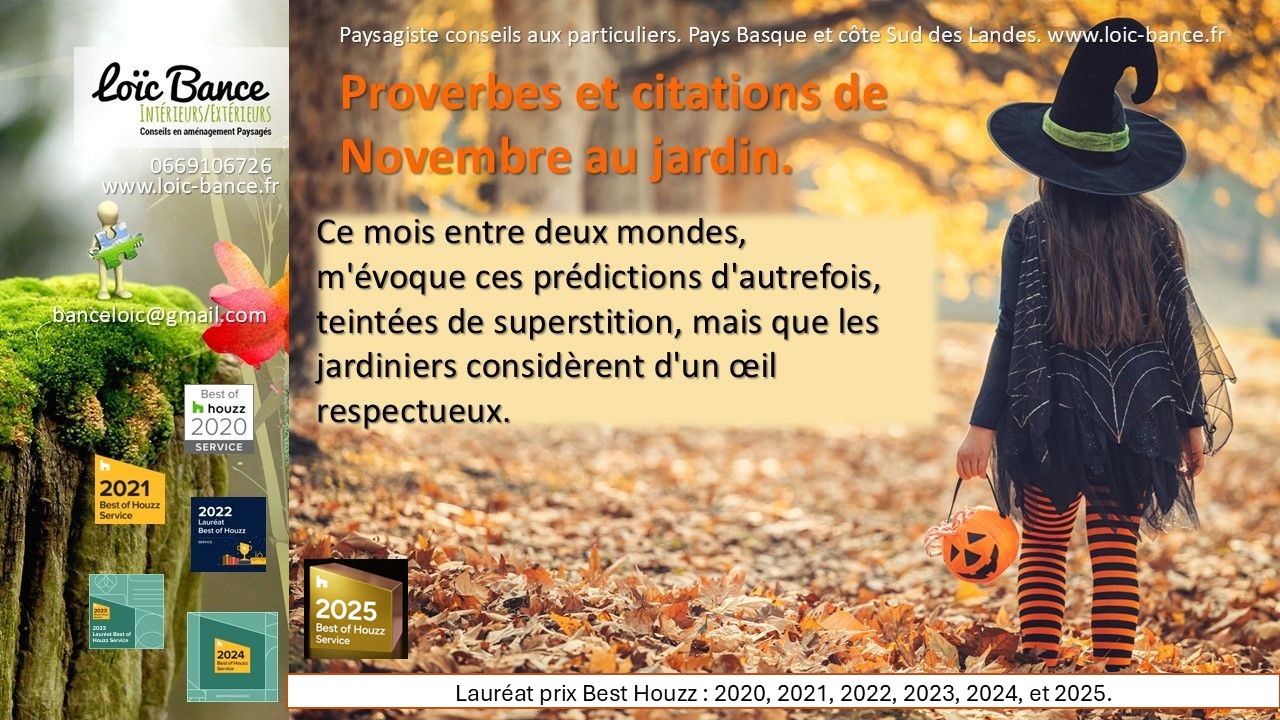 Novembre; Proverbes; Dictons; Dires des anciens; Jardins; croyances; Jardins d'ornements; Jardins potagers; Jardins fruitiers; Vergers; Jardiniers; Radio; Jardins d'ici; Paysages; Amnagements paysagers; Landes; Paysagiste Landes; Pays Basque; Paysagiste Pays Basque; Concepteur de jardins; Ahetze; Paysagiste Ahetze; Anglet; Paysagiste Anglet; Arbonne; Paysagiste Arbonne; Arcangues; Paysagiste Arcangues; Bayonne; Paysagiste Bayonne; Biarritz; Paysagiste Biarritz; Capbreton; Paysagiste Capbreton; Guthary; Paysagiste Guthary; Hossegor; Paysagiste Hossegor; Saint Jean de Luz; Paysagiste Saint Jean de Luz; Seignosse; Paysagiste Seignosse; Tosse; Paysagiste Tosse; Dax; Paysagiste Dax; 